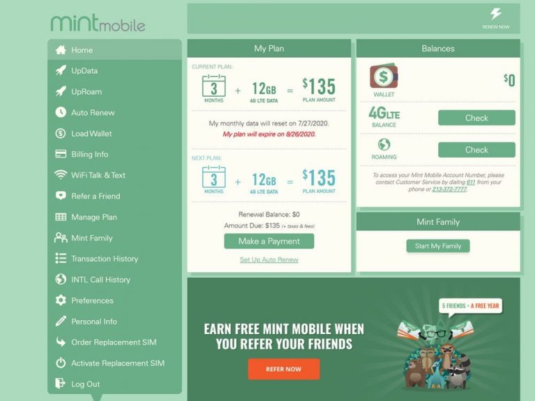 Screenshot of the Mint Mobile Account Dashboard