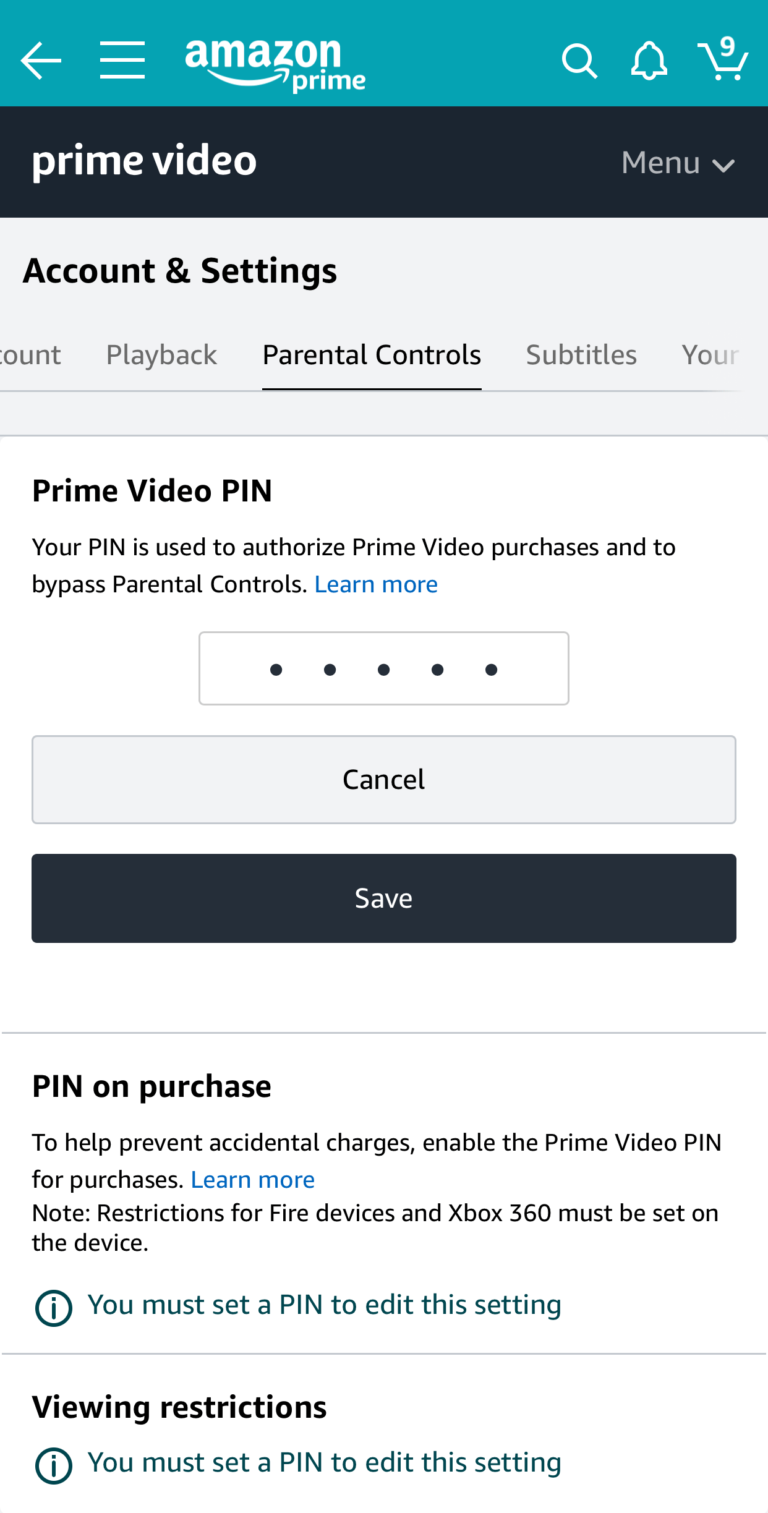 Amazon Prime parental controls screenshot