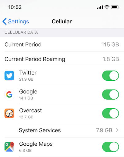 Screenshot of cellular data usage